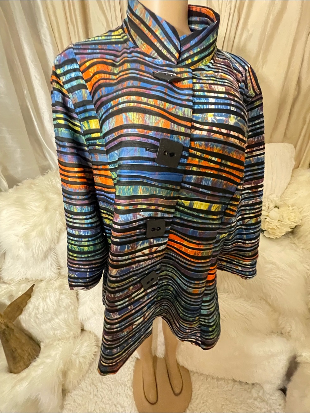 Multiples Multicolor Striped Trench Coat with Black Trim